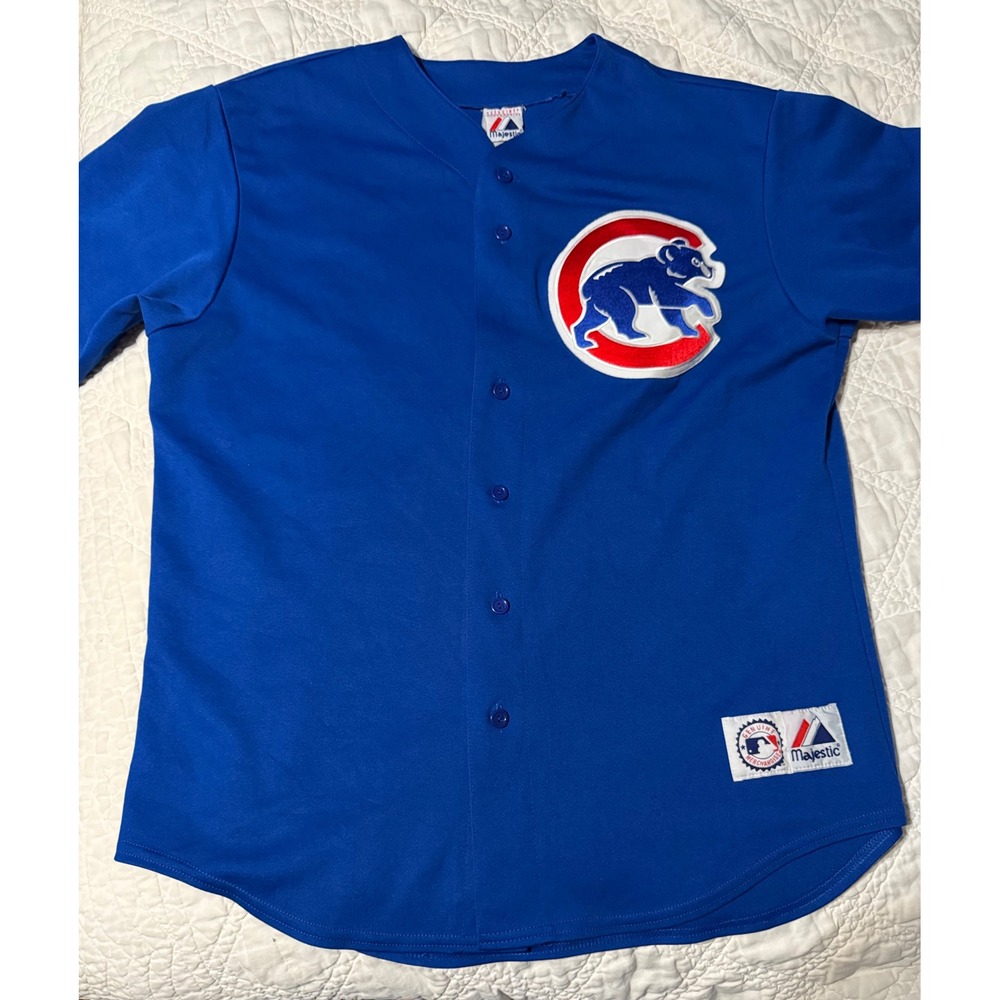 Majestic Chicago Cubs MLB Baseball Jersey Mens Royal Blue Walking Bear Logo XL